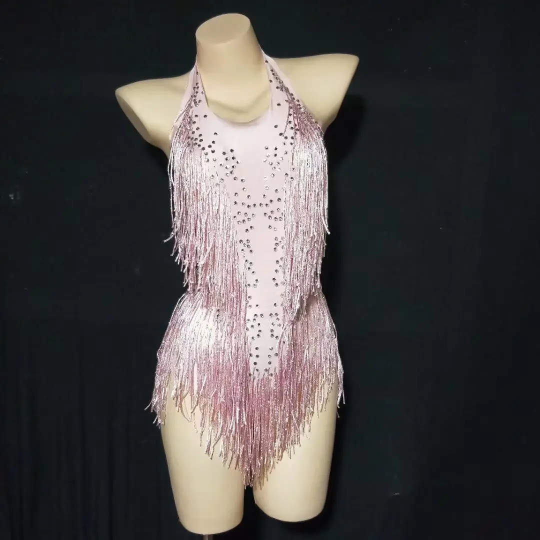 Glitter leotard คริสตัล Fringe บอดี้สูทผู้หญิงไนท์คลับชุดปาร์ตี้เต้นรําเครื่องแต่งกายสวมใส่เซ็กซี่ประสิทธิภาพแสดง Leotard