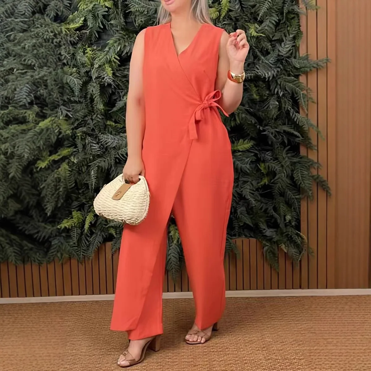 Loose Romper Elegant Lace Up Sleeveless Hollow Out Solid Office Jumpsuits Women's Casual V-neck Cross Strap Jumpsuit Streetwear