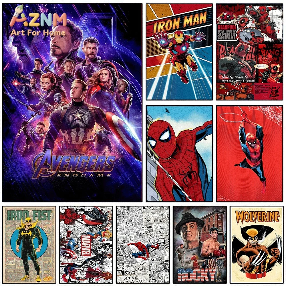 Avengers Endgame Marvel Superhero Canvas Wall Art Iron Man Spider‑Man Deadpool Wolverine Retro Comic Unframed Canvas Print for B