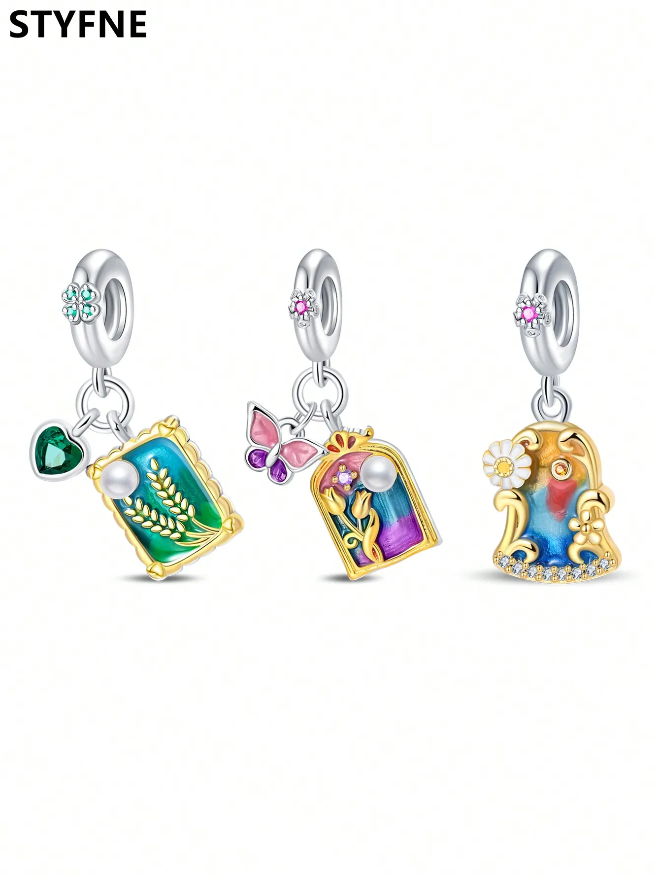 Colores plateados, pintura al óleo de campo de trigo verde, cuentas, colgante para Pulsera Original para mujer, joyería DIY, regalo de amor