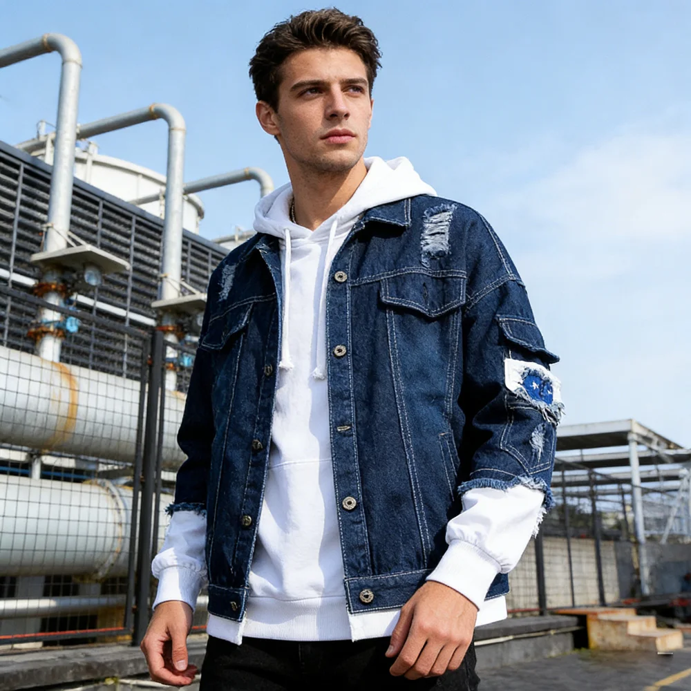 Spring Autumn Men's Denim Jackets Fashion Man Ripped Streetwear Jean Hooded Coats Outdoor Men Windbreaker Biker Denim Jackets