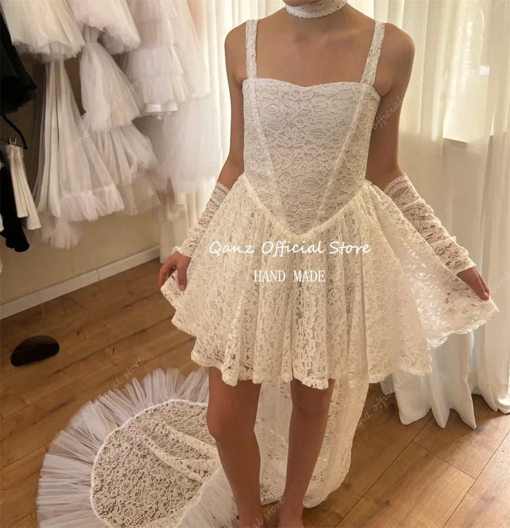 Qanz Bohemian Mini Wedding Dresses Short A line Lace Appliques Bridal Dress Spaghetti Straps Corset Robe De Mariee Customized