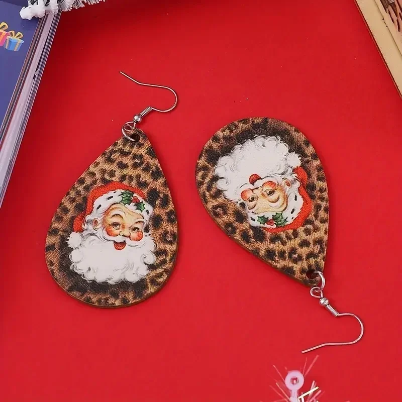 CAOSHI عيد الميلاد لطيف ليوبارد طباعة سانتا كلوز المياه استرخى قلادة أقراط على الوجهين بولي PU أقراط اكسسوارات للنساء #4