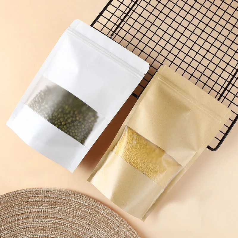 100pcs Matte Window Zip Lock Kraft Paper Bags Doypack Reclosable Coffee Bean Tea Food Packaging Stand Up Pouches with Tear Notch