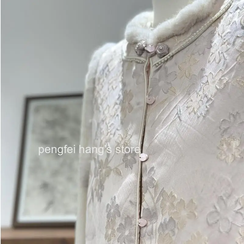 Women Winter Jacquard Mandarin Collar Coat New Chinese Style Embroidery Long Sleeve Patchwork Frog Button Vintage Outerwear