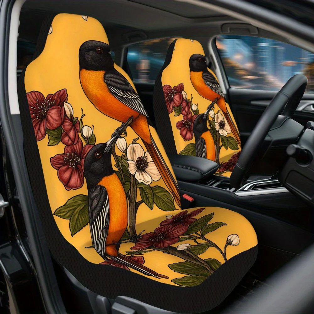 2pcs Birds Among Blossoms Car Seat Covers Set - Vibrant Floral Design With Orange Birds & Green Leaves, Non-Slip Back, Durable P