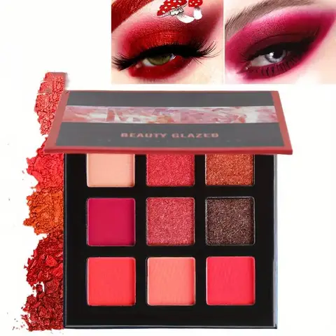 Paleta de sombras com glitter fosco, 9 cores, paleta de sombras brilhantes em tom de cor vermelha, pó colorido de alta pigmentação de longa duração