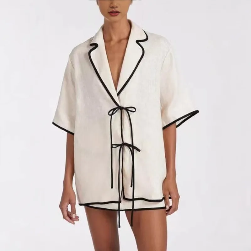 クラシックな夏のルーズベージュコットン2ピースセット レディース服 2025 カジュアル半袖シャツ ハイウエストミニスカートセット 女性用