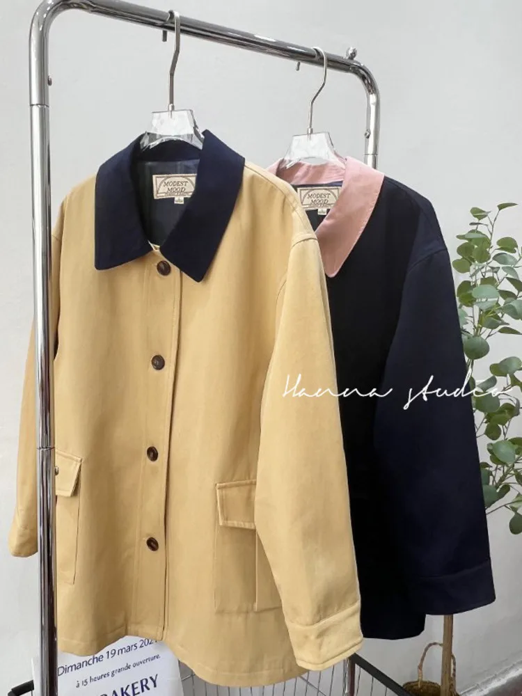 

Corduroy Lapel Patchwork Casual Trench Coat Mid-length Loose Jacket For Women