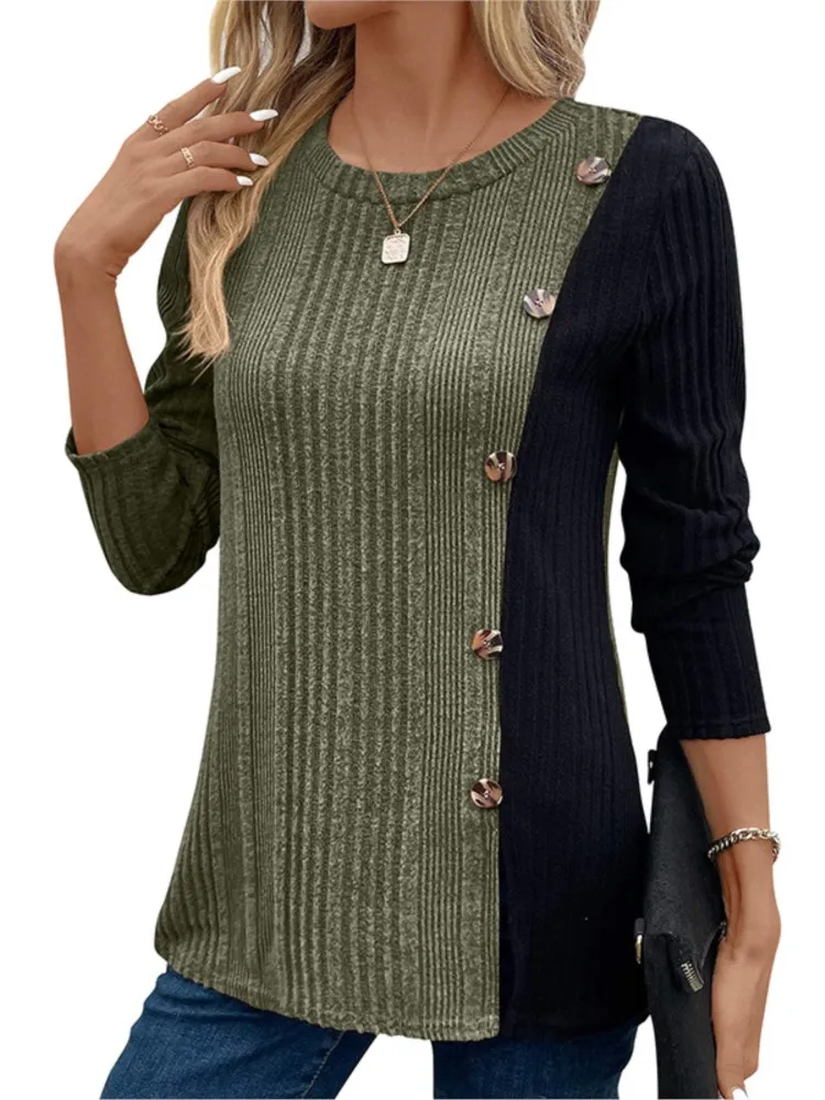 Spring Autumn New Product Women's Fashion Color Blocked Button Sexy Hem Split Casual Long Version Top