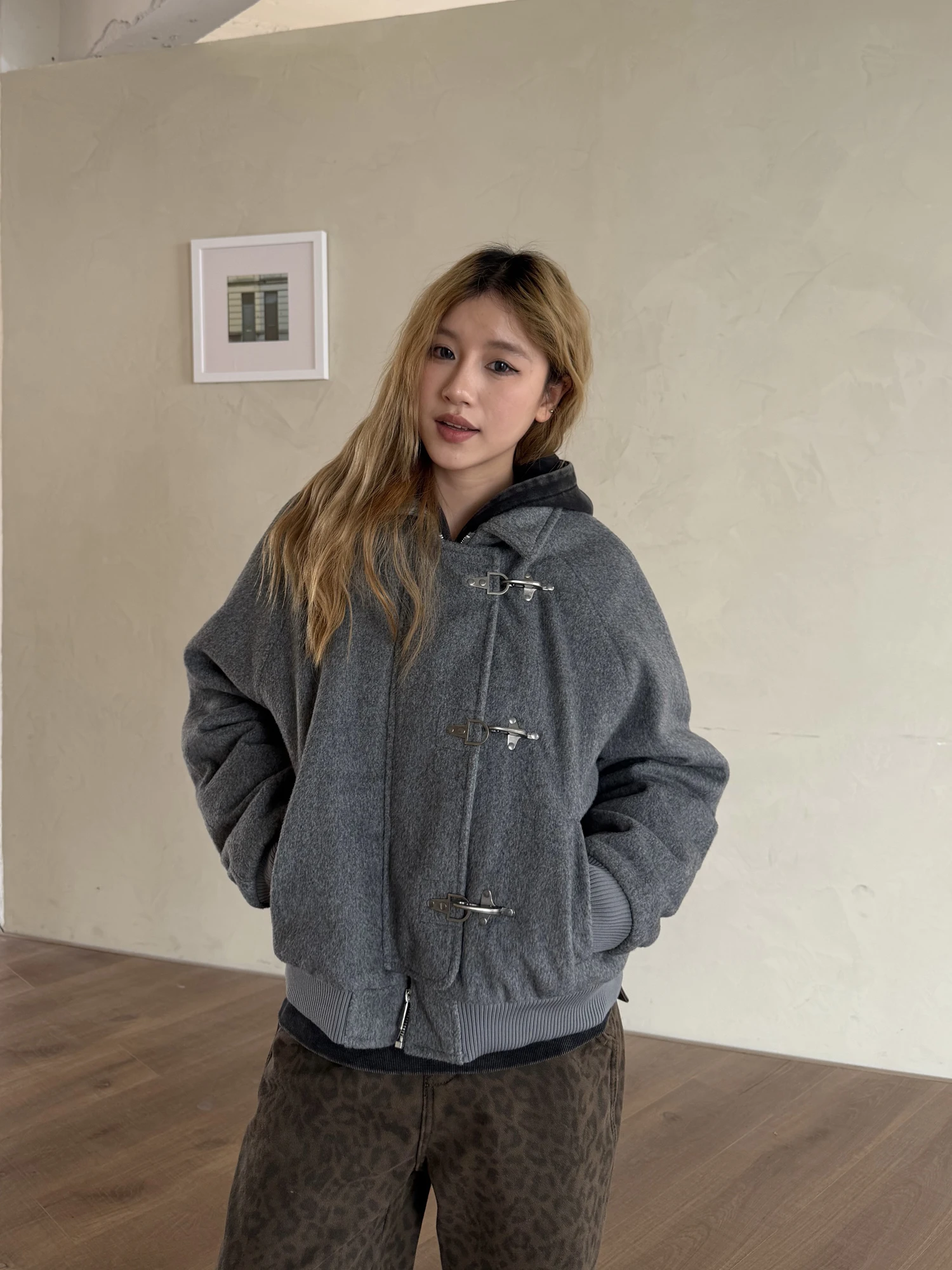 

ex ort Wide Cotton Woolen Coat with Cotton Insert Street Sle Loose Fit Long Sve Zipper Closure Pure Color Jaet