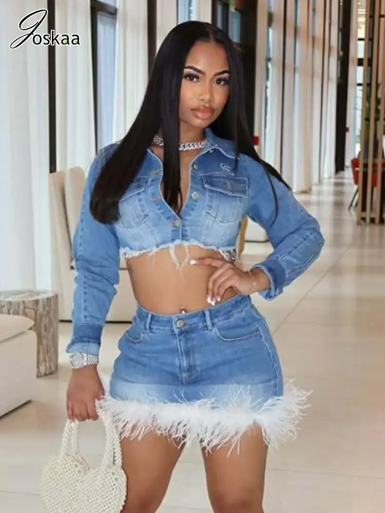 

Joskaa 2025 Fall Women's Blue Stretchy Denim 2 Piece Set Sexy Lapel Full Sleeve Crop Jacket+Feather Hem Skirt Matched Streetwear