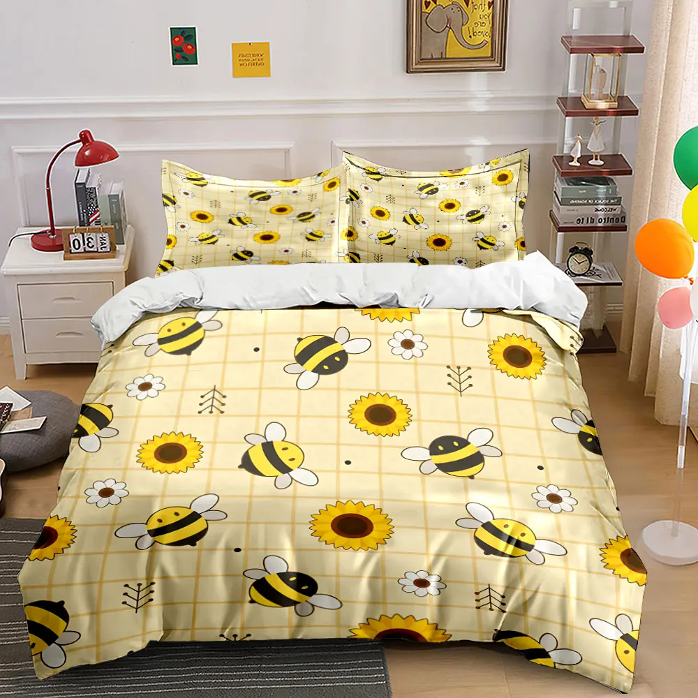 Cute bees and sunflowers Pattern Duvet Cover Set Digital Print Colorful Polyester Bedding with Zipper Closur for kids gifts