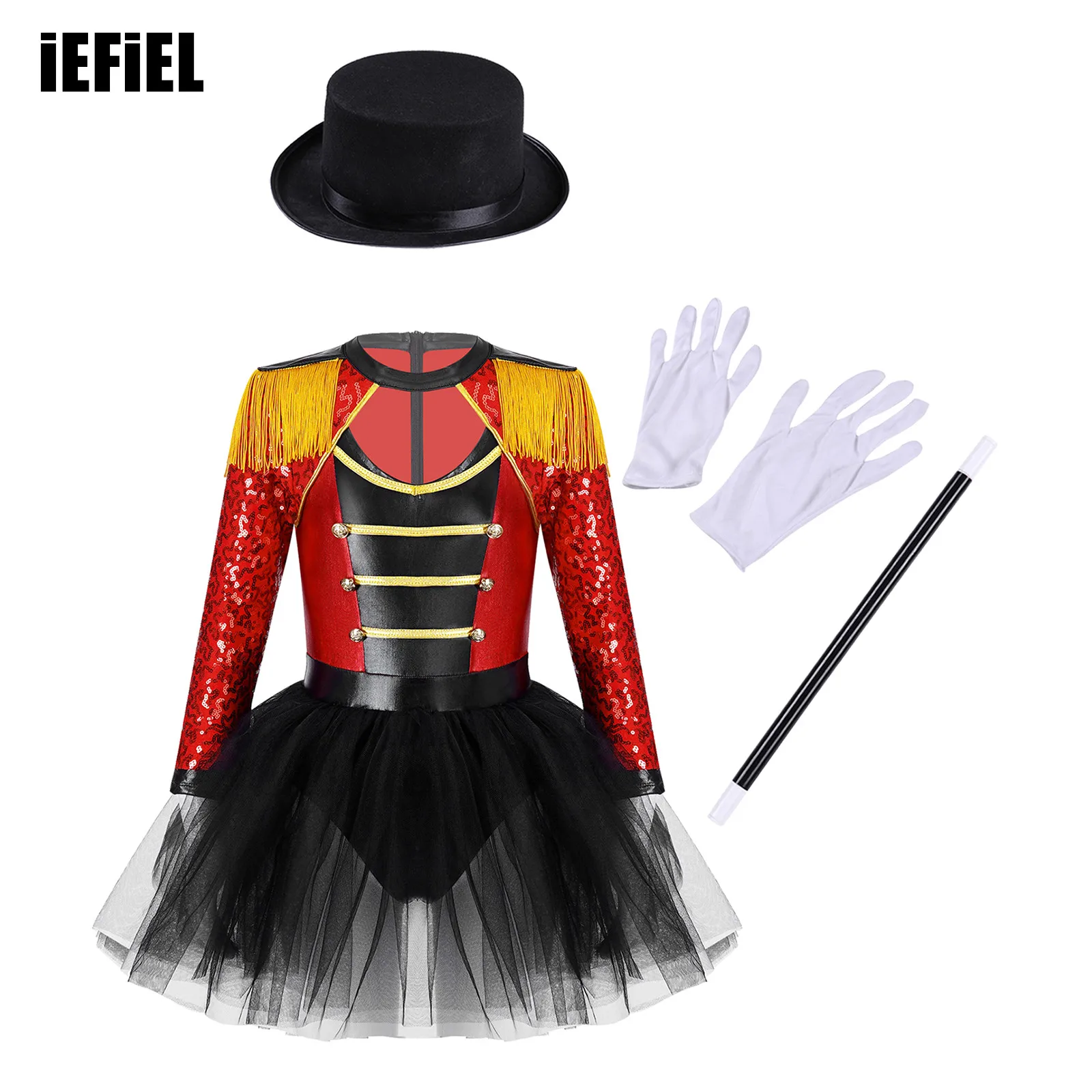 

Kids Girls Circus Costume Set Long Sleeve Sequin Tassel Shoulder Tutu Leotard Dress with Hat Magic Gloves for Halloween Cosplay