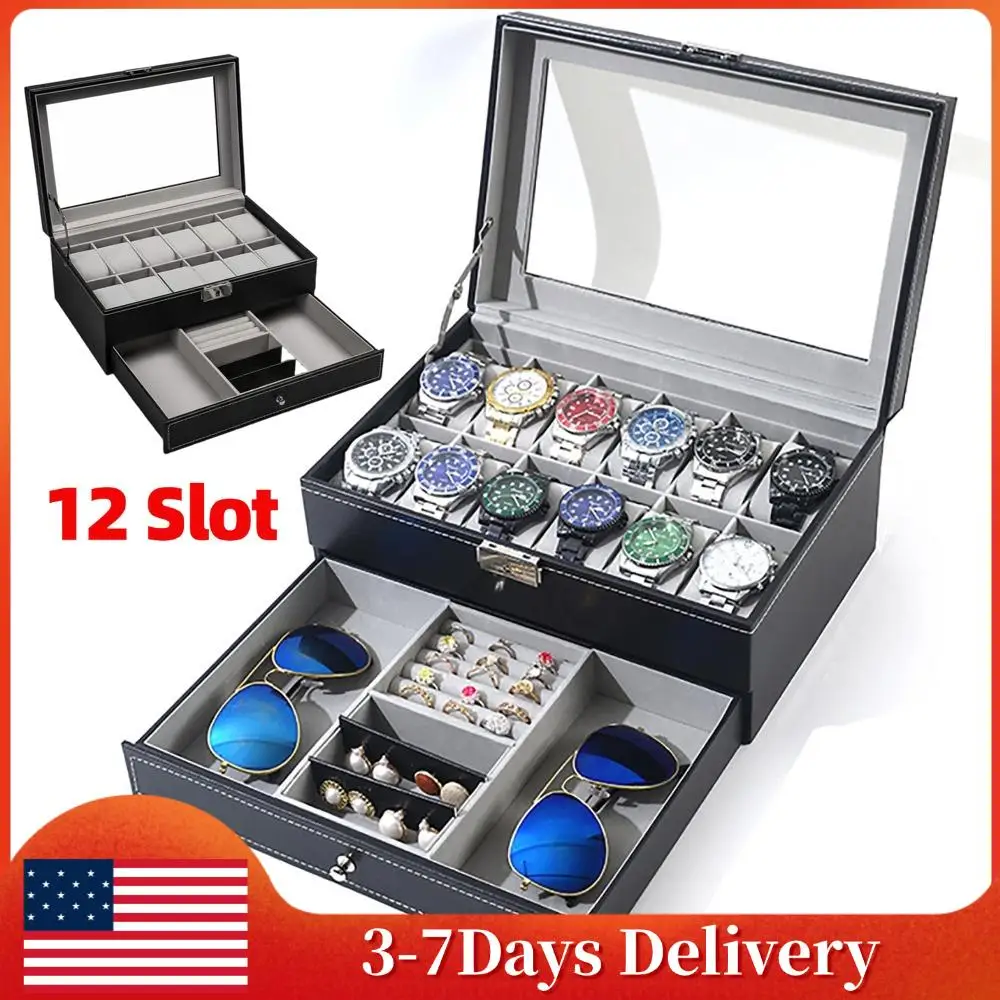

Шкатулка для часов с выдвижным ящиком и стеклянной крышкой, 12 отделений, 2-слойная, органайзер для хранения часов и ювелирных изделий, подарок на день рождения для мужчин и женщин