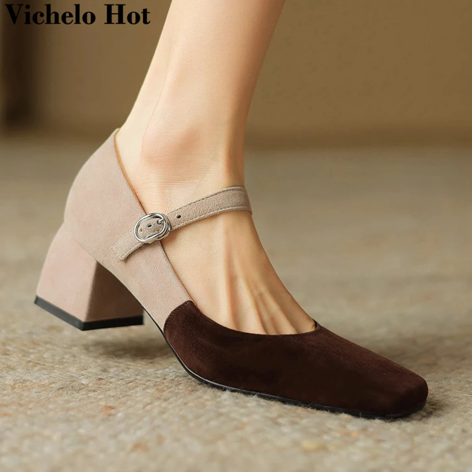 

Vichelo Hot Sheep Suede Shallow Square Toe Mixed Colors Mary Janes Chunky Med Heels Vintage Elegant Dress Fashion Women Pumps