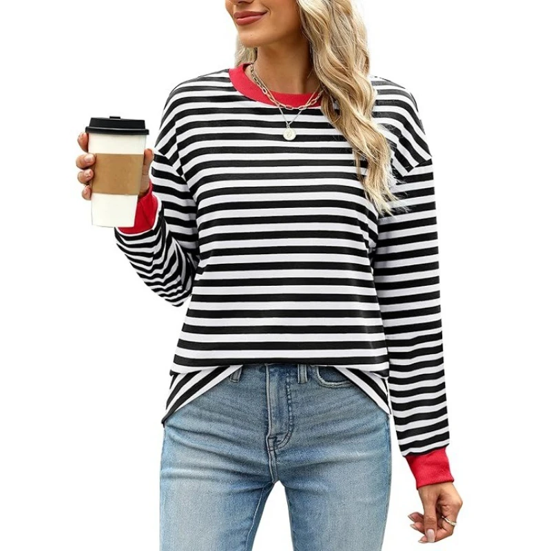 여성용 스트라이프 프린트 티셔츠 라운드 넥 캐주얼 루즈핏 튜닉 탑 가을 겨울 긴 소매 기본 티셔츠 대학 스트리트웨어