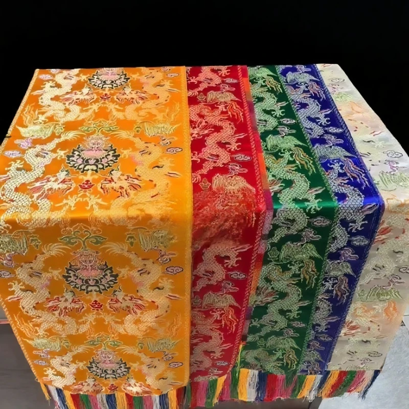 Tibetan Style Hada Cloud Five Blessings Dragon Phoenix Pattern Brocade Wedding Celebration Scarf Colorful Tassel Home Office