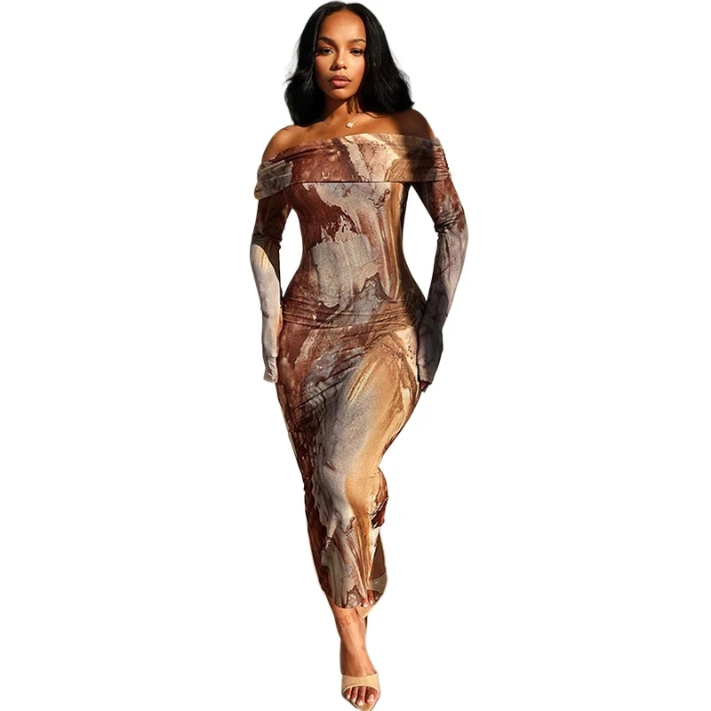 ربيع الخريف كم طويل مطبوعة المرأة Bodycon فستان قبالة الكتف مثير حفلة فستان طويل خمر عادية بسيطة الشارع الشهير رداء
