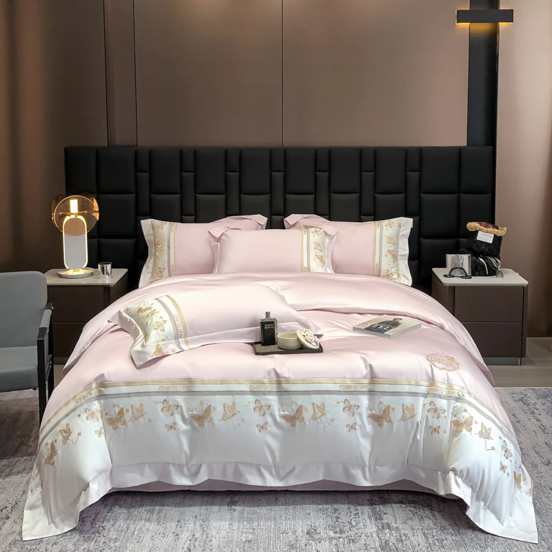 100% Cotton Bedding Set Luxury Golden Butterfly Embroidery Quilt/Duvet Cover Fitted Bed Sheet Sets Pillowcases Home Textile