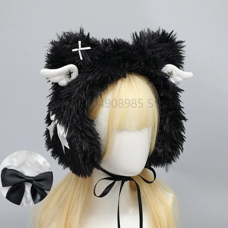 Plush Furry Hat Women Winter Wings Harajuku Earmuffs Lolita Kawaii Solid Color Thermal Earmuffs Girls Half-hat Accessories