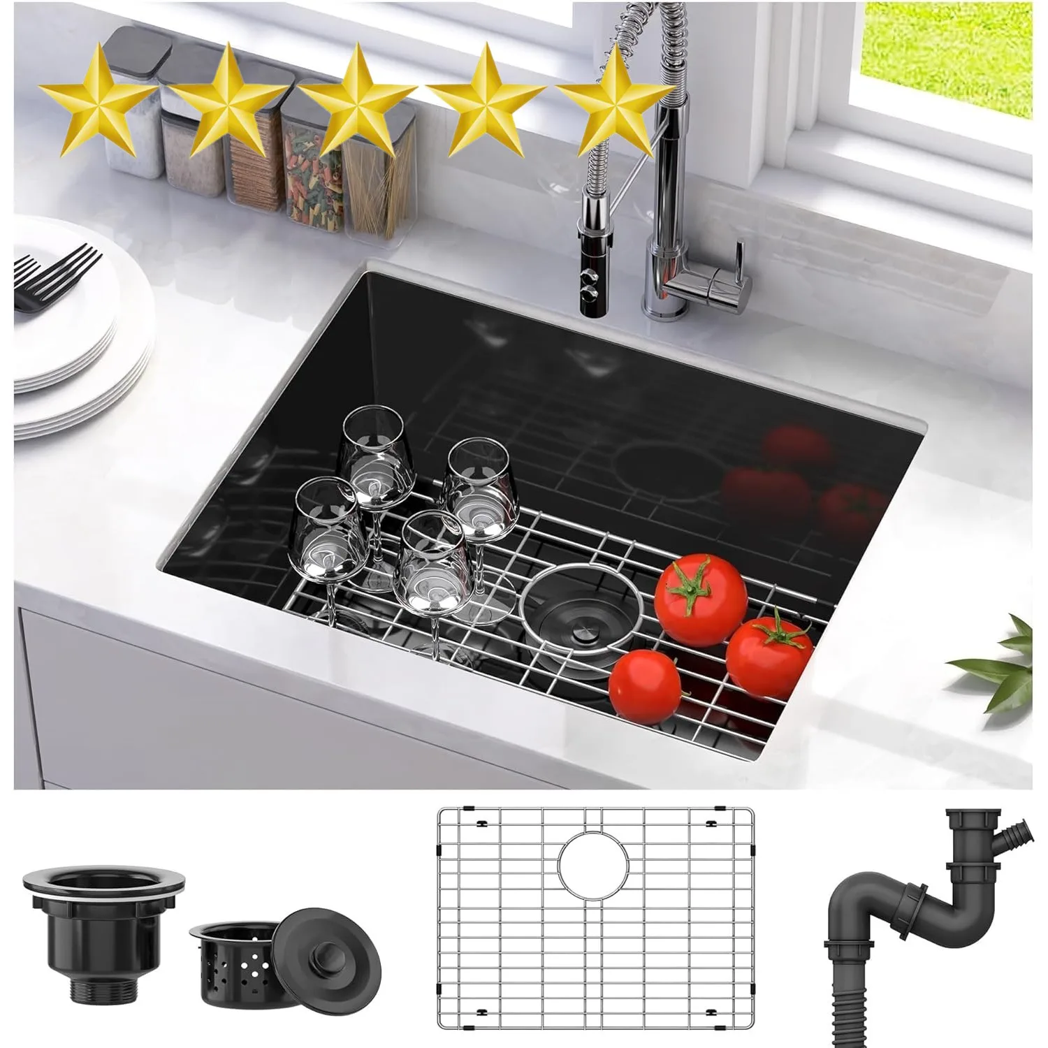 Black Kitchen Sink 23in Undermount Sink Single Bowl 16 Gauge Stainless Steel Nano Gunmetal Black Sink Bar Sink 23 x 18 x 10in