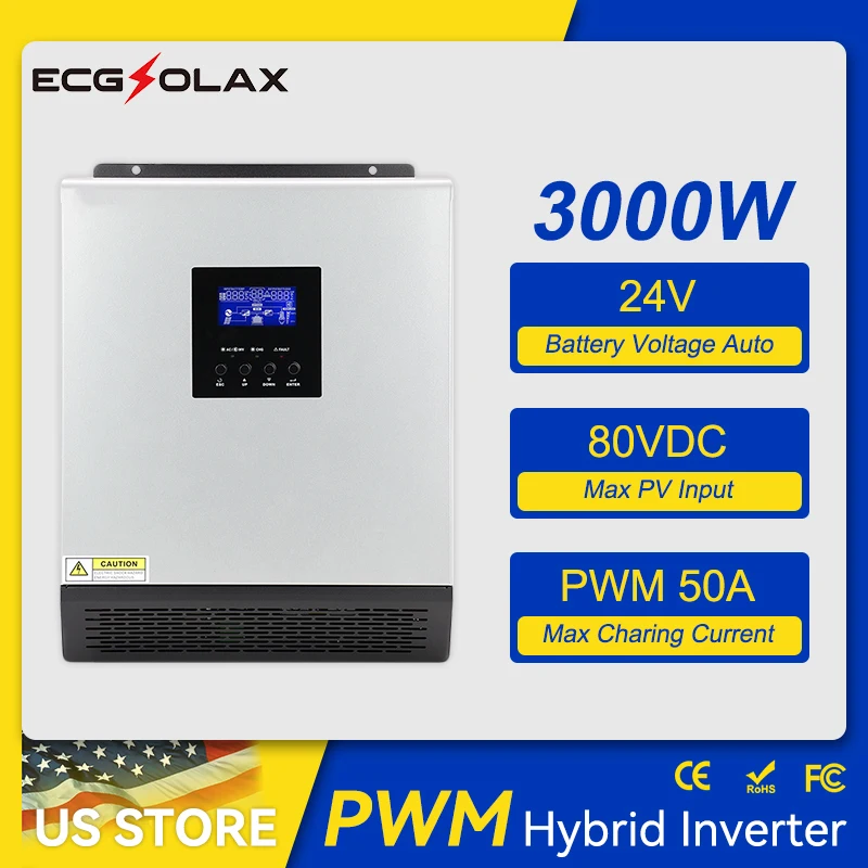 ECGSOLAX PS‑3K 120V Hybrid Solar Inverter 3KVA 2400W 24V DC Pure Sine Wave Solar & AC Charger RS232 Dry‑Contact LCD Display For Lead‑acid AGM Gel Battery Off‑grid Home RV Power Supply
