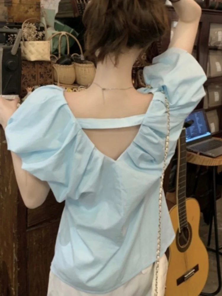 Csa blanca suave con mangas de burbujas para mujer, Top pado con cuello en V y espalda descubierta, estilo informal, ho...