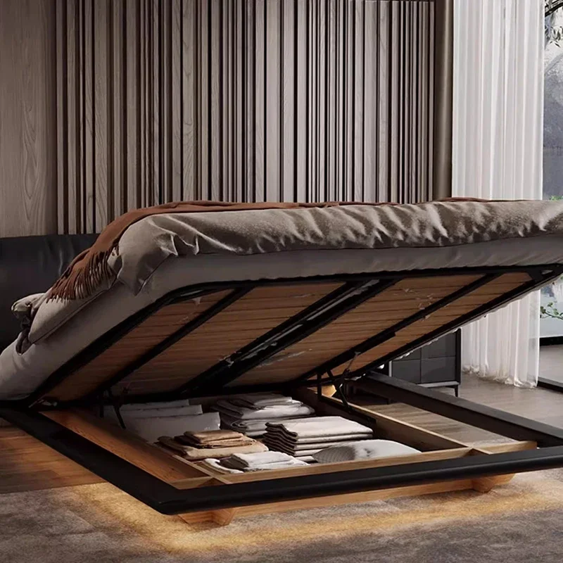 سرير مزدوج للفتيات، سرير كوين لوفت فاخر بحجم كينغ، سرير أميرات خشبي متعدد الوظائف، أثاث جناح صالة كاما من الجلد