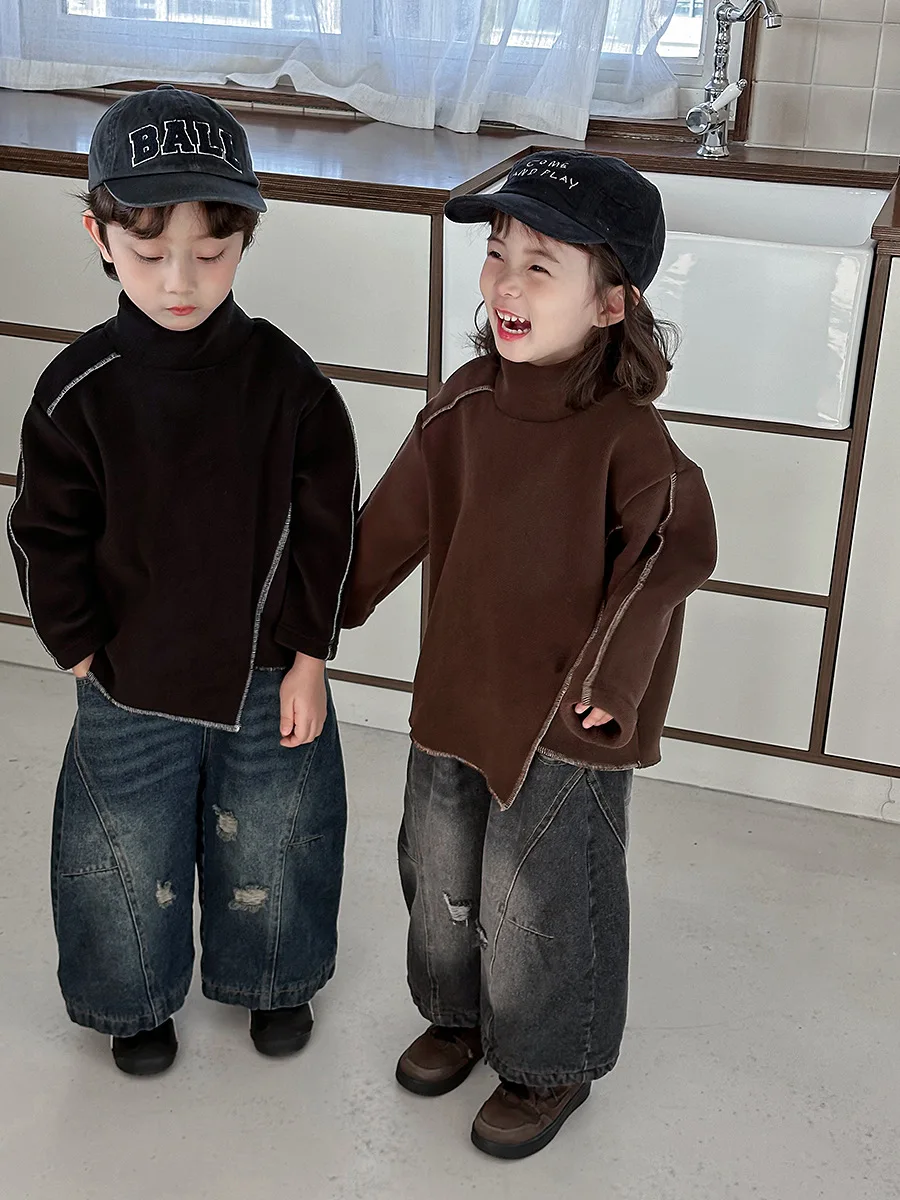 جديد الشتاء الاطفال الياقة المدورة قاعدة قميص 1-7Y نمط فريد الفتيان سميكة الدافئة البلوز الكورية فضفاضة الأطفال الشق القمم الفتيات الملابس #4