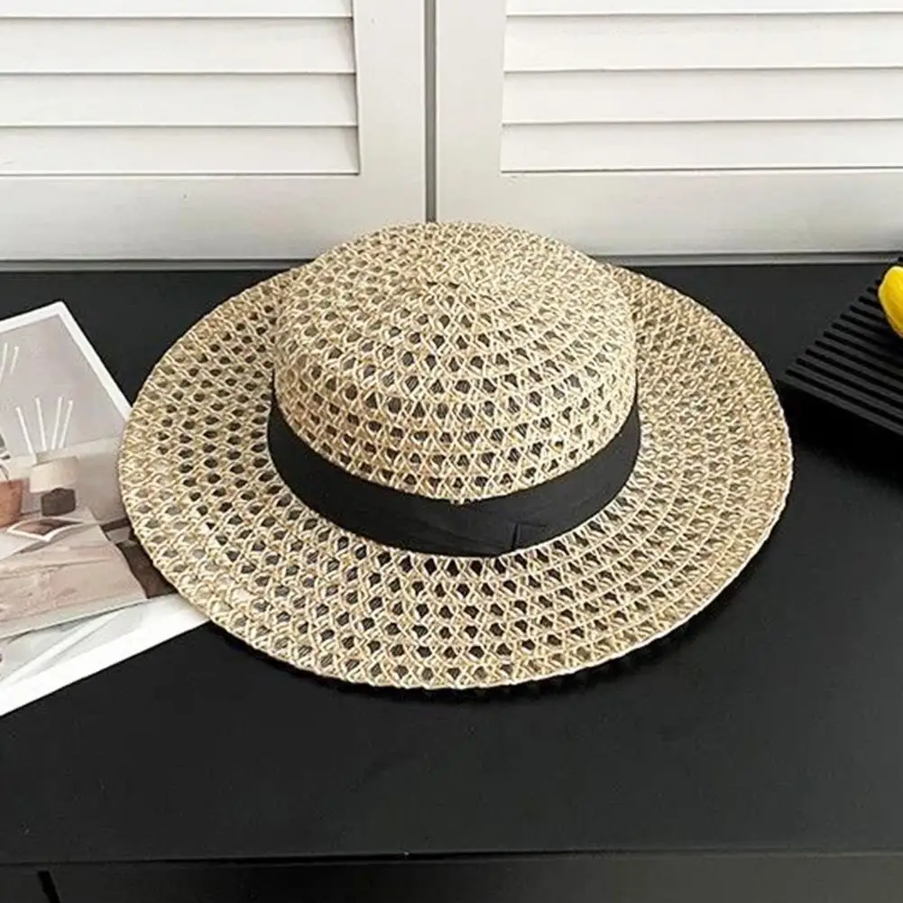 Wide Brim Straw Hat Women Straw Hat with Satin Ribbon Wide Brim Breathable Sun Hat Summer Beach Vacation Flat Top for Women Boho