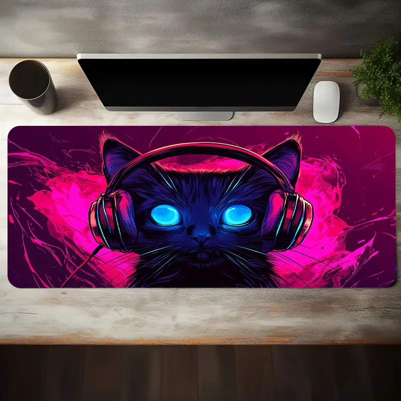 Neon Glowing Cat Headset Extended Gaming Mouse Pad Non-Slip Desk Mat for Office and Computer Setup