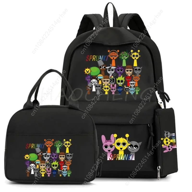 Tas Sekolah Anak Laki-laki Perempuan Sprunki 3Pcs/set, Ransel Warna-warni Remaja, Tas Buku Sekolah Kartun dengan Tas Makan Siang, Hadiah