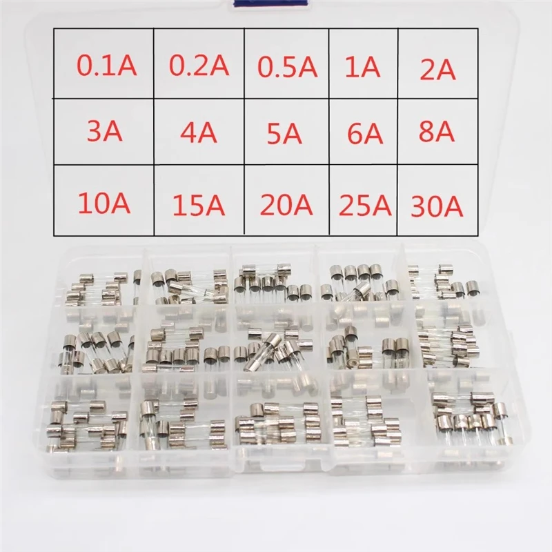 150PCS 5X20mm glass fuse sample box 15 kinds of 0.1A-30A fuse set