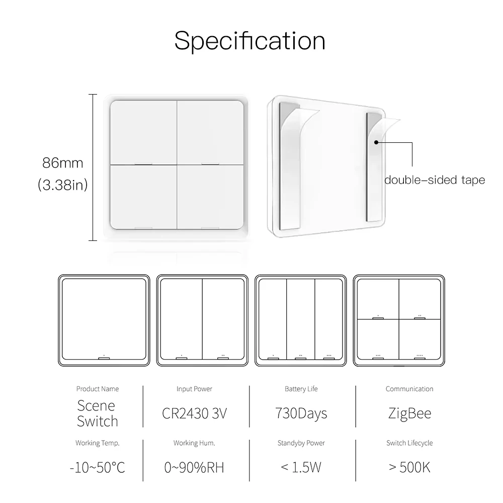 MOES-Wireless Push Button Controller, Battery Powered, Automation Scenario, Tuya Devices, ZigBee, 12 Scene, 4 Gang