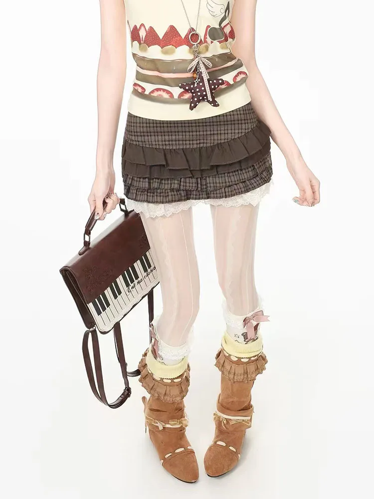 Y2k Vintage Bow High Waisted Lace Skirts Y2k Harajuku Gothic Vintage Women's Plaid Skirt Fashion Sweet Lolita Faldas Mujer