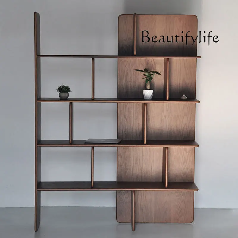 Nordic Retro Black Walnut Wooden Bookshelf New Chinese Living Room Decoration Storage Storage Rack