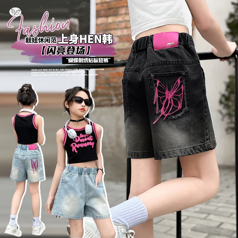 

Джинсовые шорты для девочек, шорты с вышивкой бабочки, летние шорты, подходят для детей 7–14 лет, модные повседневные шорты для подростков