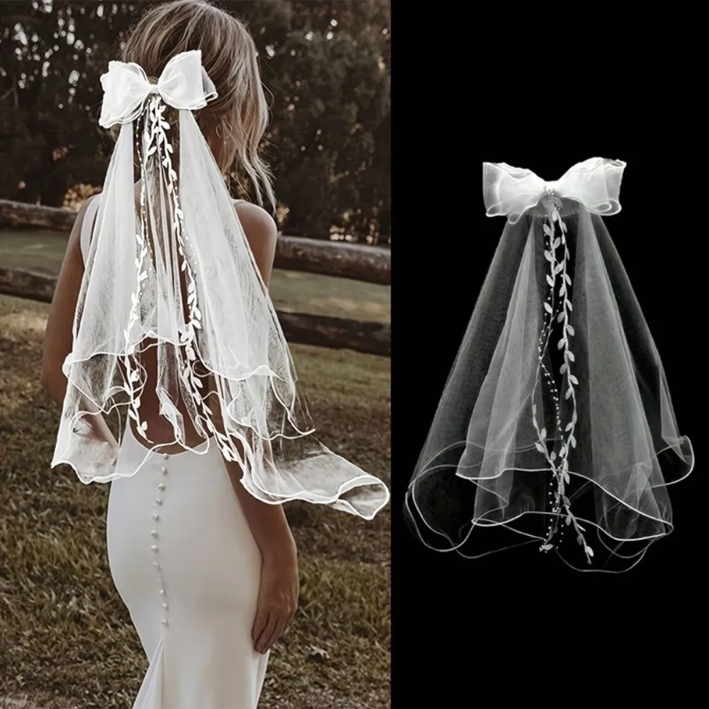 Portable Flowing Bow Veil Hair Hoop Polyester Mesh Girls Head Gauze Hair Comb White Bridal Tulle Photo Props