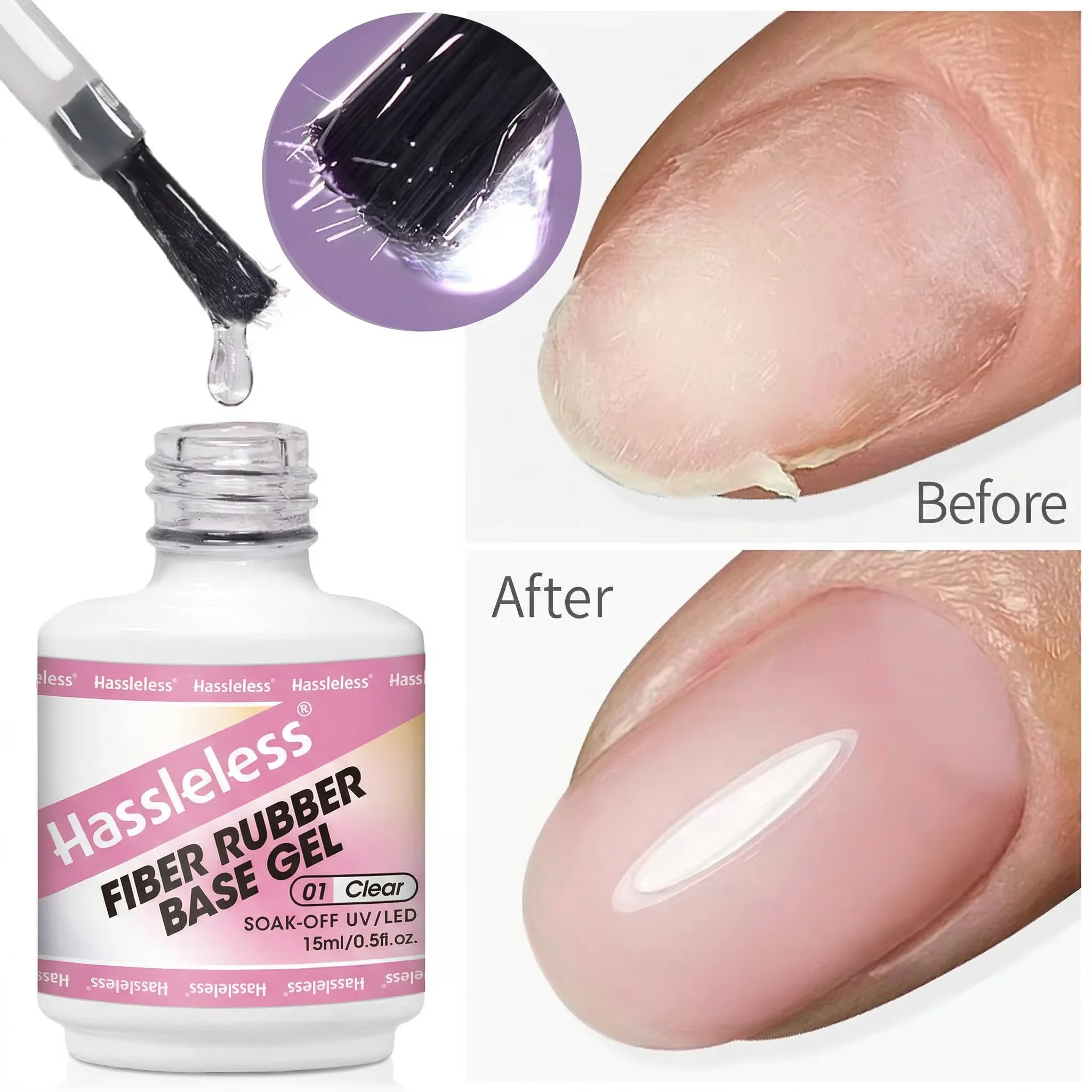 Hassleless 15ml Fiber Rubber Base Gel for Repairing Broken Nails, Strengthening Thin Nails, Clear, Quick-Drying, Removable UV-Cu