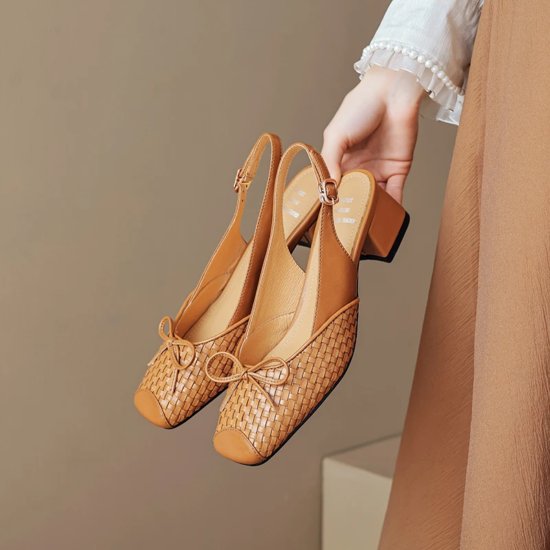 

Genuine Leather Square-Toe Woven High Heeled sandals Concise Shallow Mouth Women Pumps Dressy Women Shoes