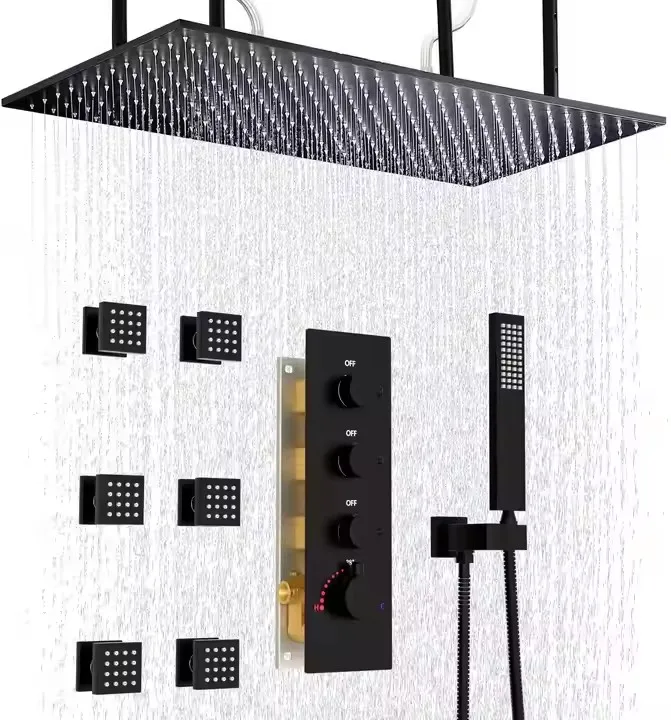 

DULABRAHE 16X32 дюймов, черный большой дождевой туман, двойная функция, потолочная насадка для душа, термостатический клапан, набор душевой системы