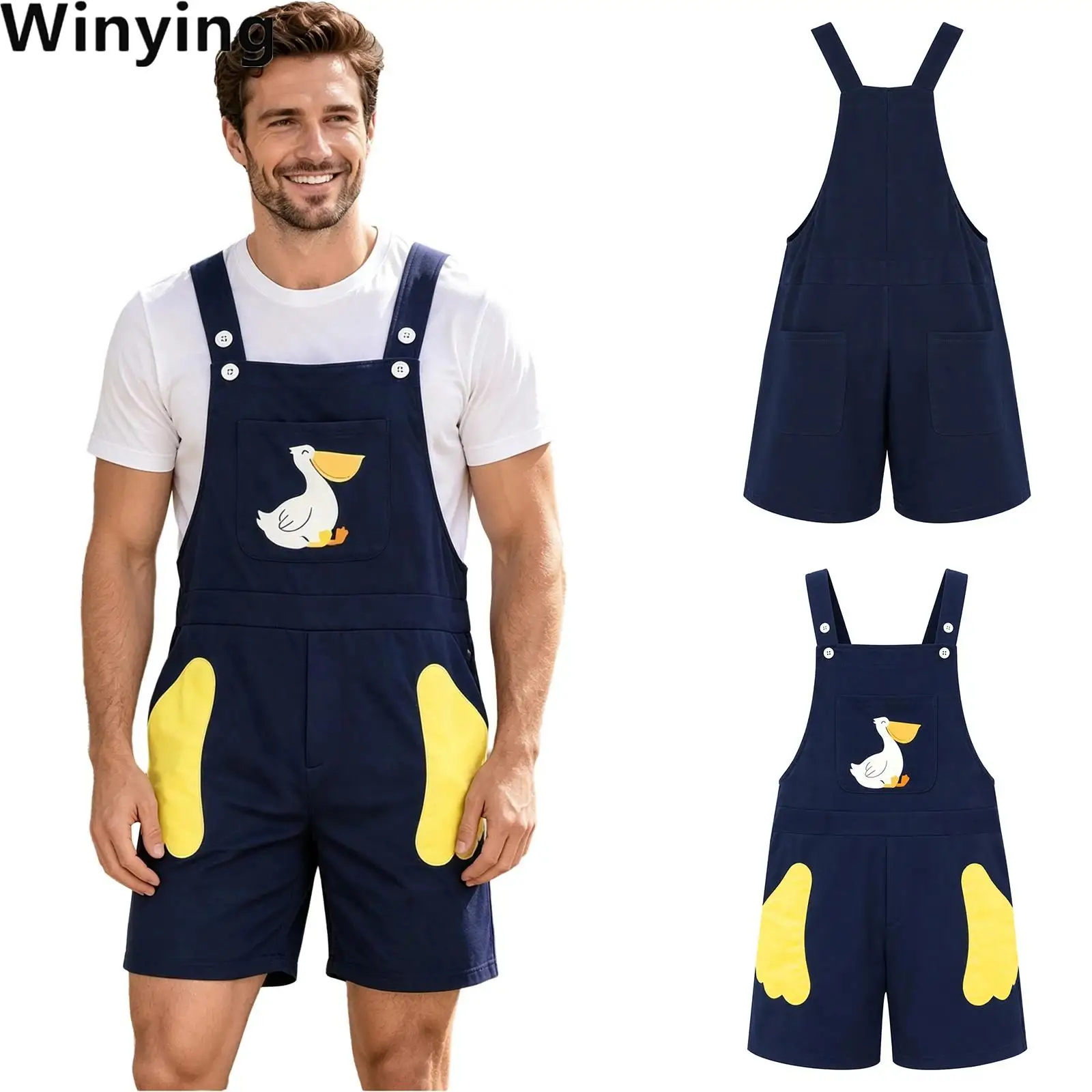 Men Duck Print Casual Overalls Adjustable Straps Bib Shorts with Pockets for Daily Life Party Theme Event Family Gathering