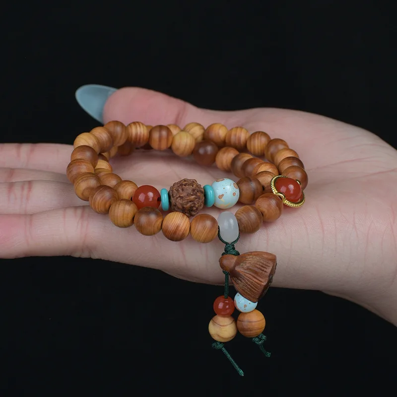 Natural cypress wood paired with lotus seed pendant  double-ring Buddhist beads, decorative accessory