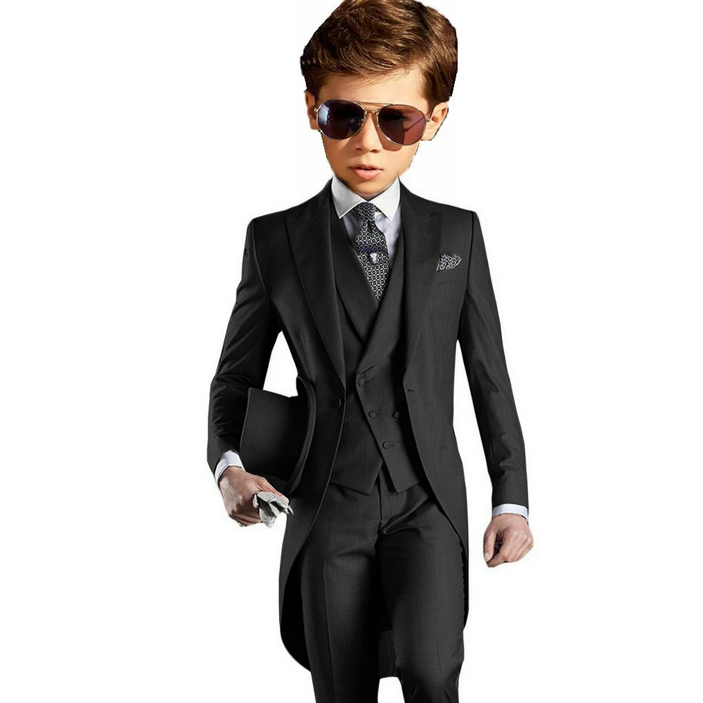 Light Grey Boys Suits Long Tuxedo Jacket Pant Vest Tailcoat 3-Piece Suit Wedding Dress Kids Formal Business Blazer