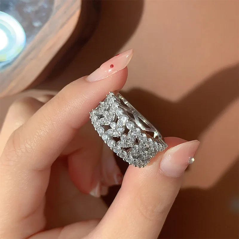 

925 Silver Fashion Simple Full Diamonds Luxurious Zircon Lace Ring Women's Set Wedding Proposal Party Gift Strangers Things