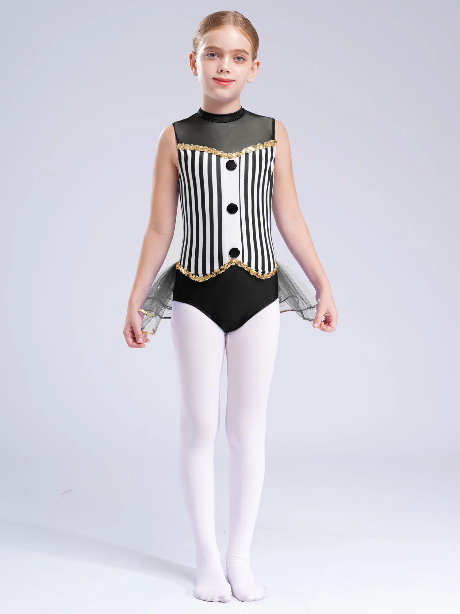 Kids Girls Tutu Circus Cosplay Costume Sequin Striped Leotard Ballet Gymnastics Latin Jazz Dance Bodysuit Carnival Clothes image 5