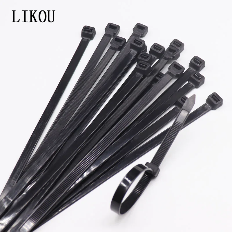 LIKOU self-locking Nylon cable ties 100pcs 8x150mm/200mm/250mm/300mm/350mm/400mm/Plastic cable zip ties straps Black