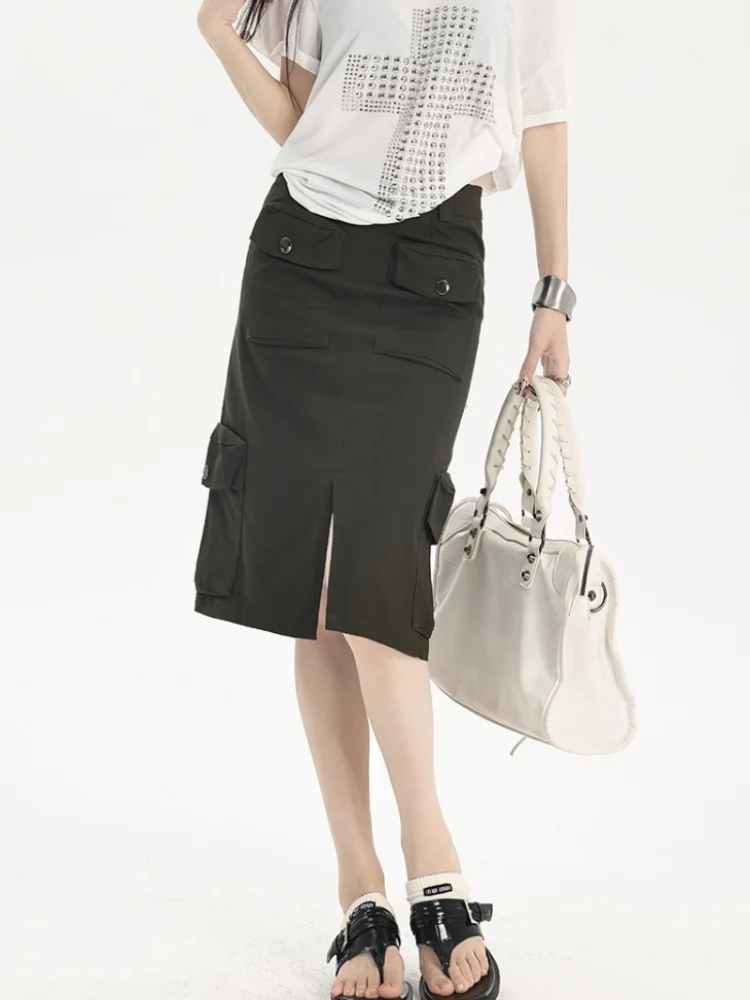Casual Solid Split Bodycon Cargo Skirt For Woman 2025 Fashion High Waist Vintage Pocket Cotton All-match Midi Skirts Jupe Femme