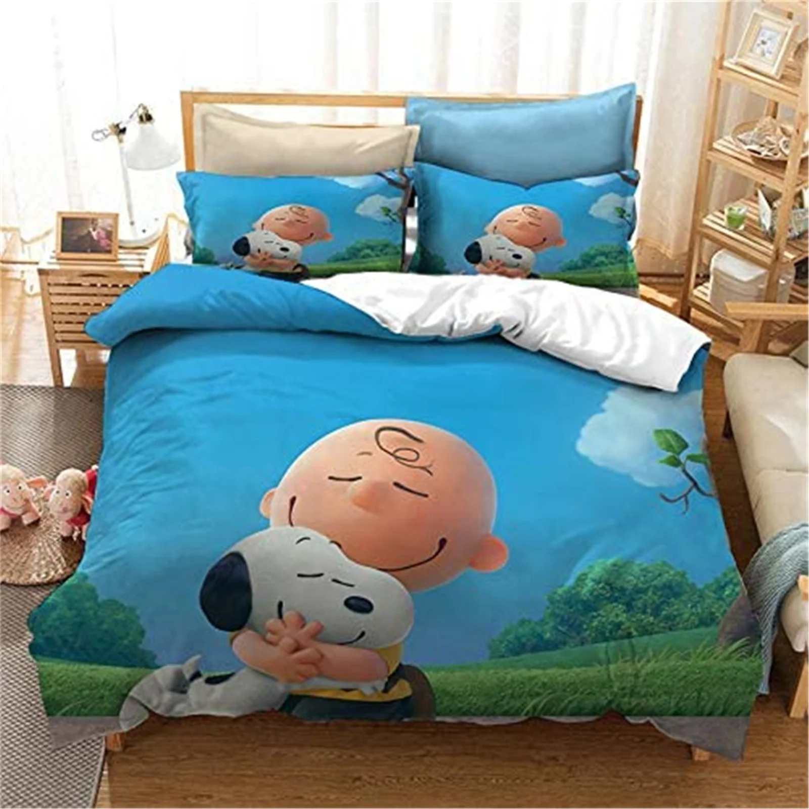 Snoopy Happy Puppy Polyester Quilt Cover, Decor Print, Comfortable Set, Dopamine Color, Breathable Bedding for Teenager Children